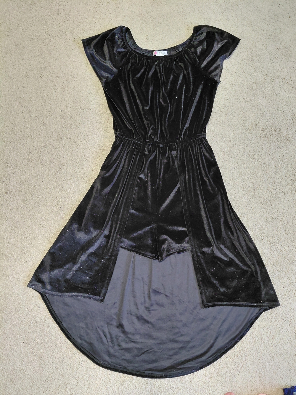 Girls' Black Velvet Sparkle High-Low Casual Romper Dress with Elastic Waist NWT